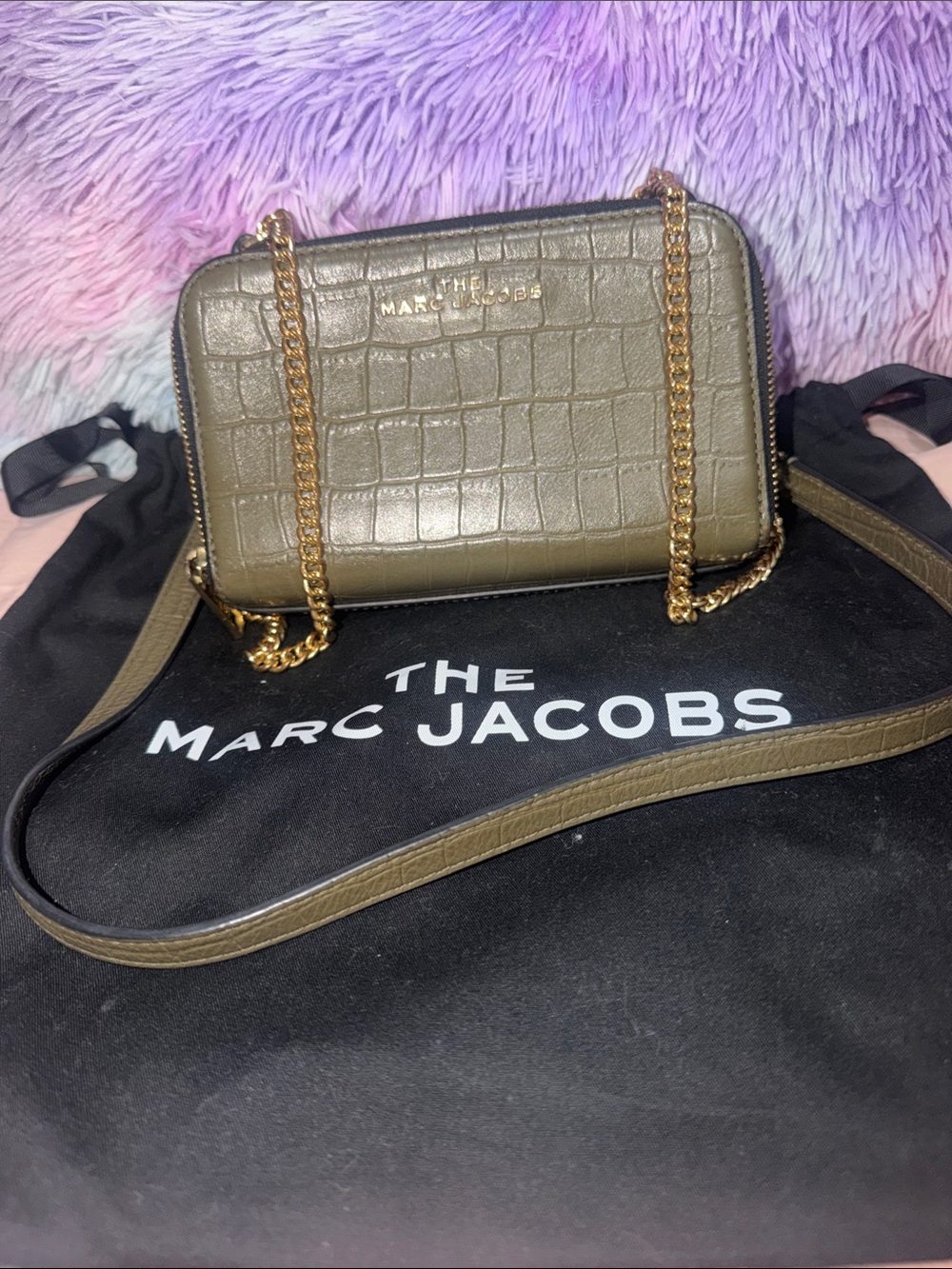 Marc Jacobs Olive Croc-Embossed Leather Crossbody with Gold Chain
